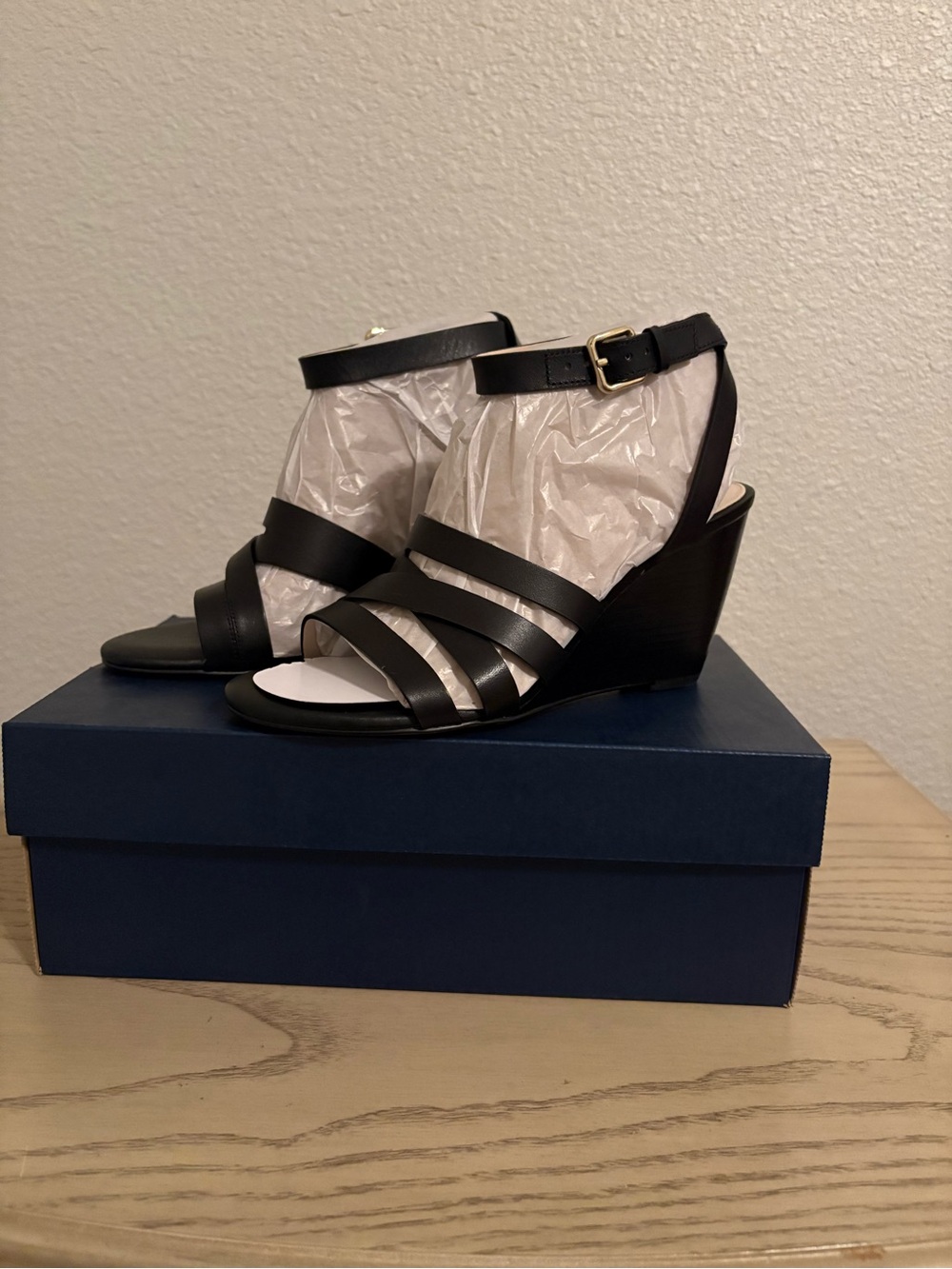 Cole Haan Black Leather Strappy Wedge Sandals with Ankle Buckle - Picture 3 of 5